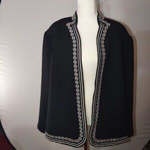 Julian Taylor Black Open Front Jacket w/White Embroidered Trim-Plus Size 24W